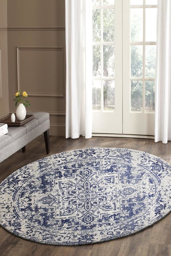 Evoke Horizon White Navy Transitional Round Rug Modern