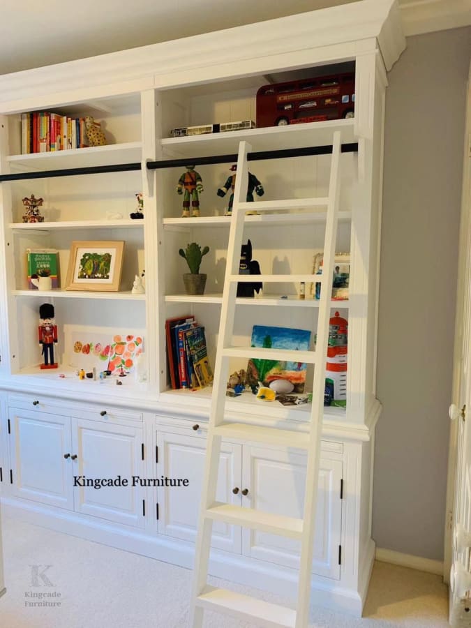 Hamptons White 3-Bay Timber Bookcase With Ladder