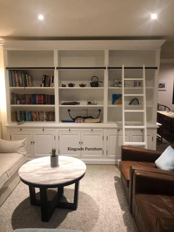 Hamptons White 3-Bay Timber Bookcase With Ladder